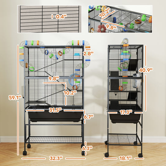 PawHut 5 Tier Hamster Cage, Rolling Rat Cage with Deep Tray, Storage Shelf, Big Exercise Wheel, Hut, Tube System