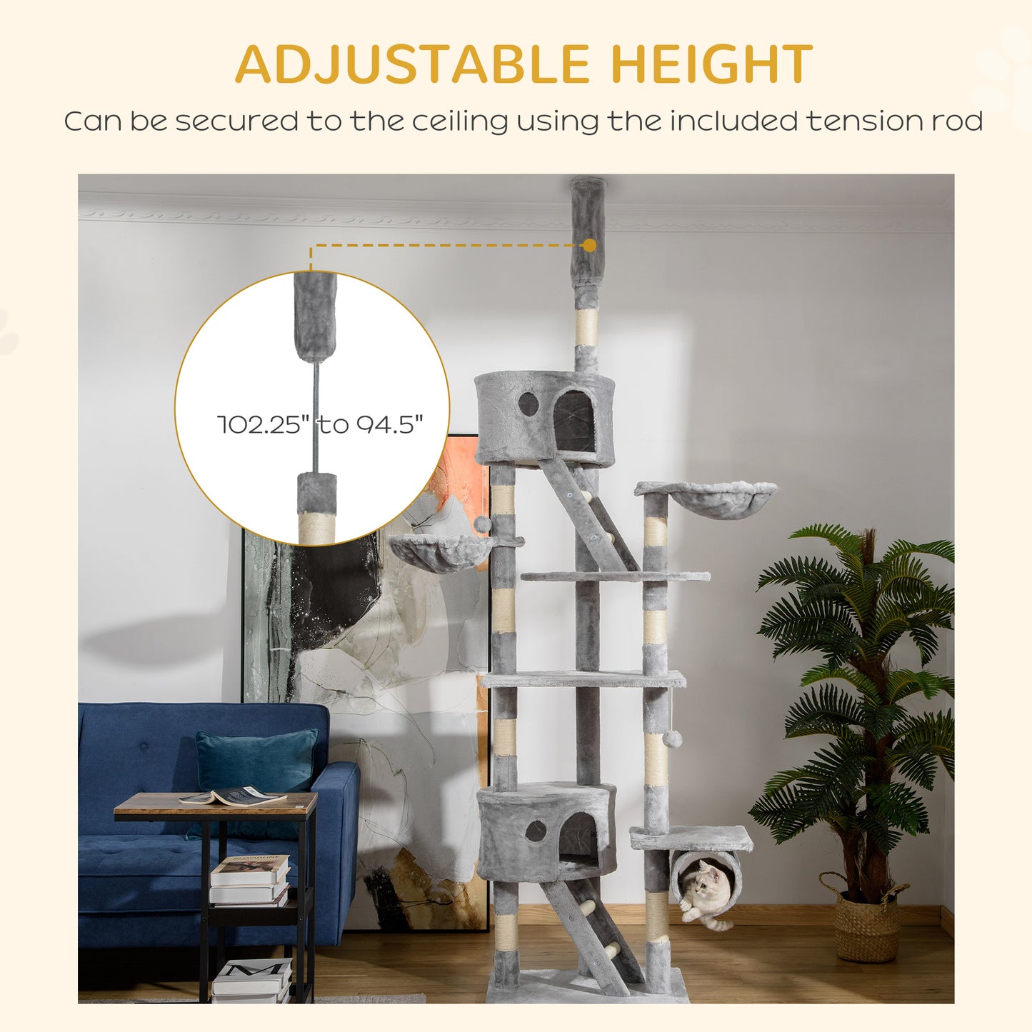 PawHut Floor to Ceiling Cat Tree, 94.5-102.5 inch Height Adjustable Cat Climbing Tower with Scratching Posts, Condos, Hammocks