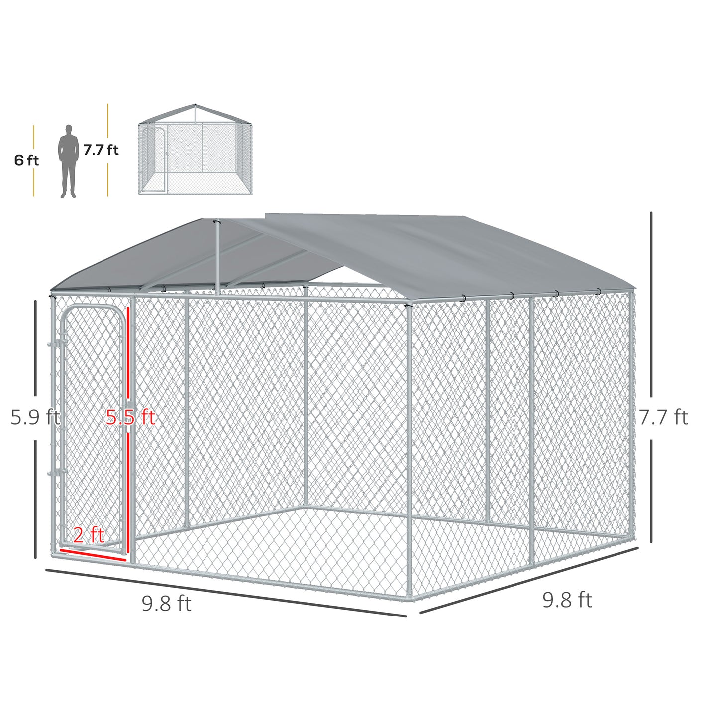 PawHut Outdoor Dog Kennel Galvanized Steel Fence with Cover Secure Lock Mesh Sidewalls for Backyard 9.8' x 9.8' x 7.7'