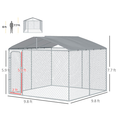 PawHut Outdoor Dog Kennel Galvanized Steel Fence with Cover Secure Lock Mesh Sidewalls for Backyard 9.8' x 9.8' x 7.7'
