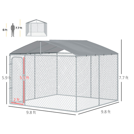 PawHut Outdoor Dog Kennel Galvanized Steel Fence with Cover Secure Lock Mesh Sidewalls for Backyard 9.8' x 9.8' x 7.7'