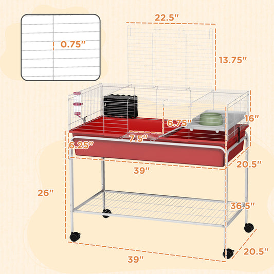 PawHut Two-Story Small Animal Cage Removable from Stand, Pet Habitat with Shelf & Wheels, 39" x 20.5" x 36.5", Red