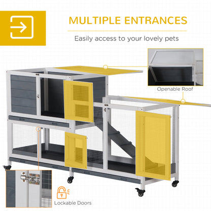 PawHut Wooden Rabbit Hutch Bunny Hutch Elevated Pet House Cage Small Animal Habitat with No Leak Tray Lockable Door Openable Top for Rabbits, Chickens, Ducks, Indoor 57.75" x 18" x 32.5" Gray