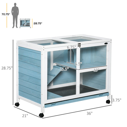 PawHut Fir Wood Rabbit Hutch Indoor Home with a Living Room for Sleeping Run Area, Blue