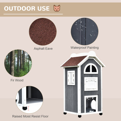 PawHut 43"H Wooden Cat House Outdoor with Hammock, Weatherproof 3-Floor Feral Cat Shelter with Escape Doors, Asphalt Roof, Inside Ladders, Gray
