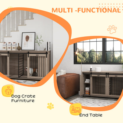 PawHut 71" Modern Dog Kennel Furniture with Removable Divider, Storage for 2 Small Dogs or 1 Large Dog, Walnut