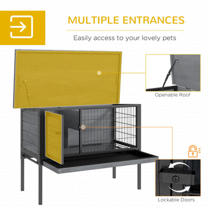 PawHut Wooden Rabbit Hutch Elevated with No Leak Tray, Openable Roof for Indoor/Outdoor, Gray