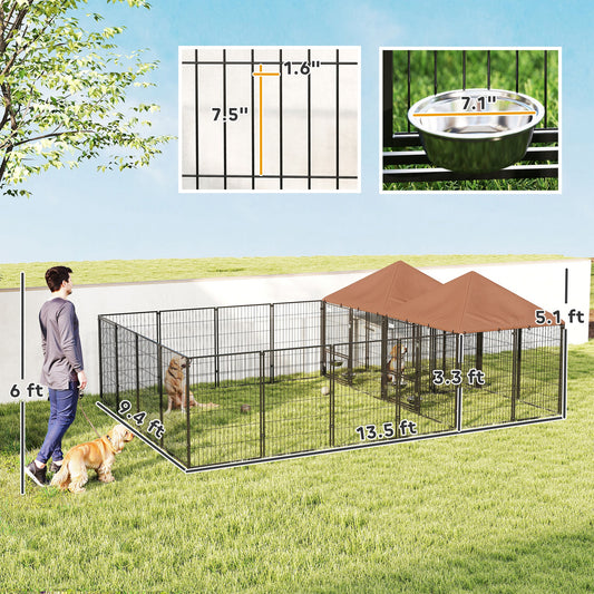 PawHut Large Outdoor Dog Kennel with 2 Rooms, Rotating & Adjustable Height Bowls, 13.5' x 9.4' x 5.1'