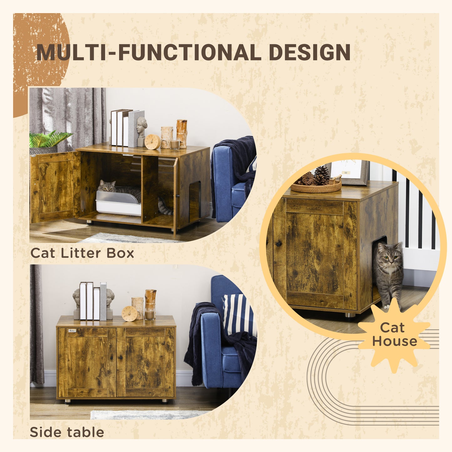 PawHut Hidden Cat Litter Box Enclosure, Cat Washroom Storage Bench Side End Table with Double Doors, Adjustable Feet, Rustic Brown