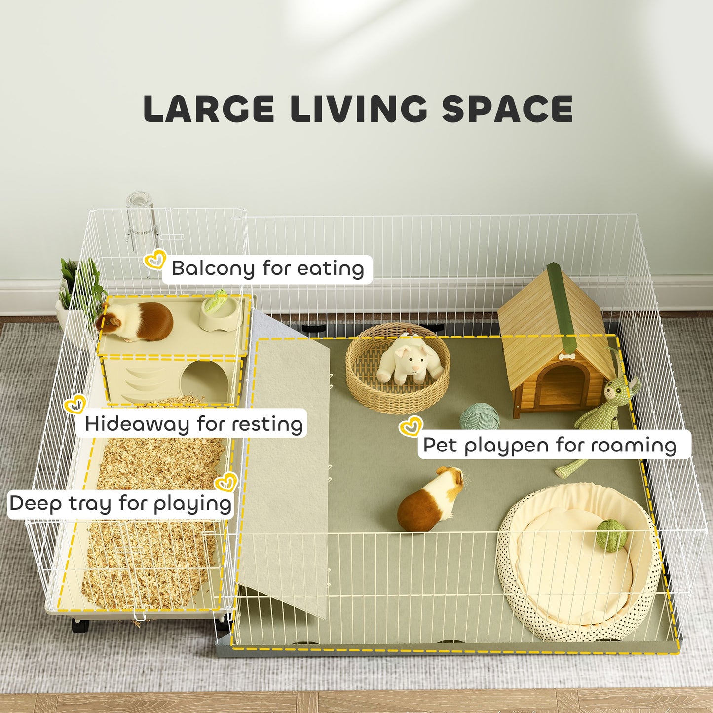 PawHut Small Animal Cage with Removable Pet Playpen, Guinea Pig Cage with Waterproof Pad, Hay Feeder, Water Bottle, Food Dish