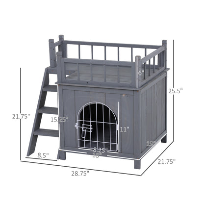 PawHut 2-Level Wooden Cat House, Outdoor Dog Shelter Cat Condo with Lockable Wire Door and Balcony, Gray