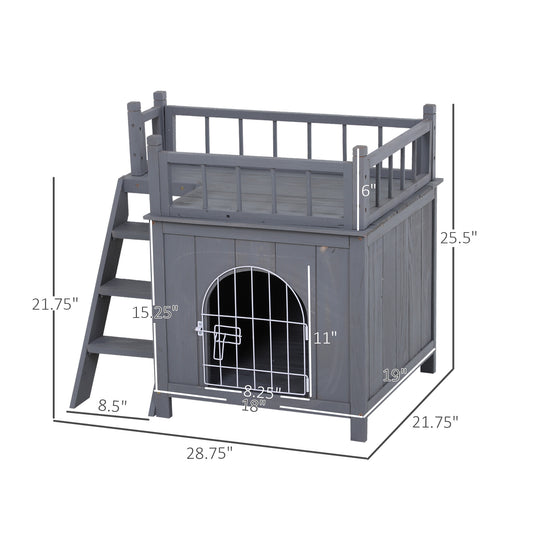 PawHut 2-Level Wooden Cat House, Outdoor Dog Shelter Cat Condo with Lockable Wire Door and Balcony, Gray