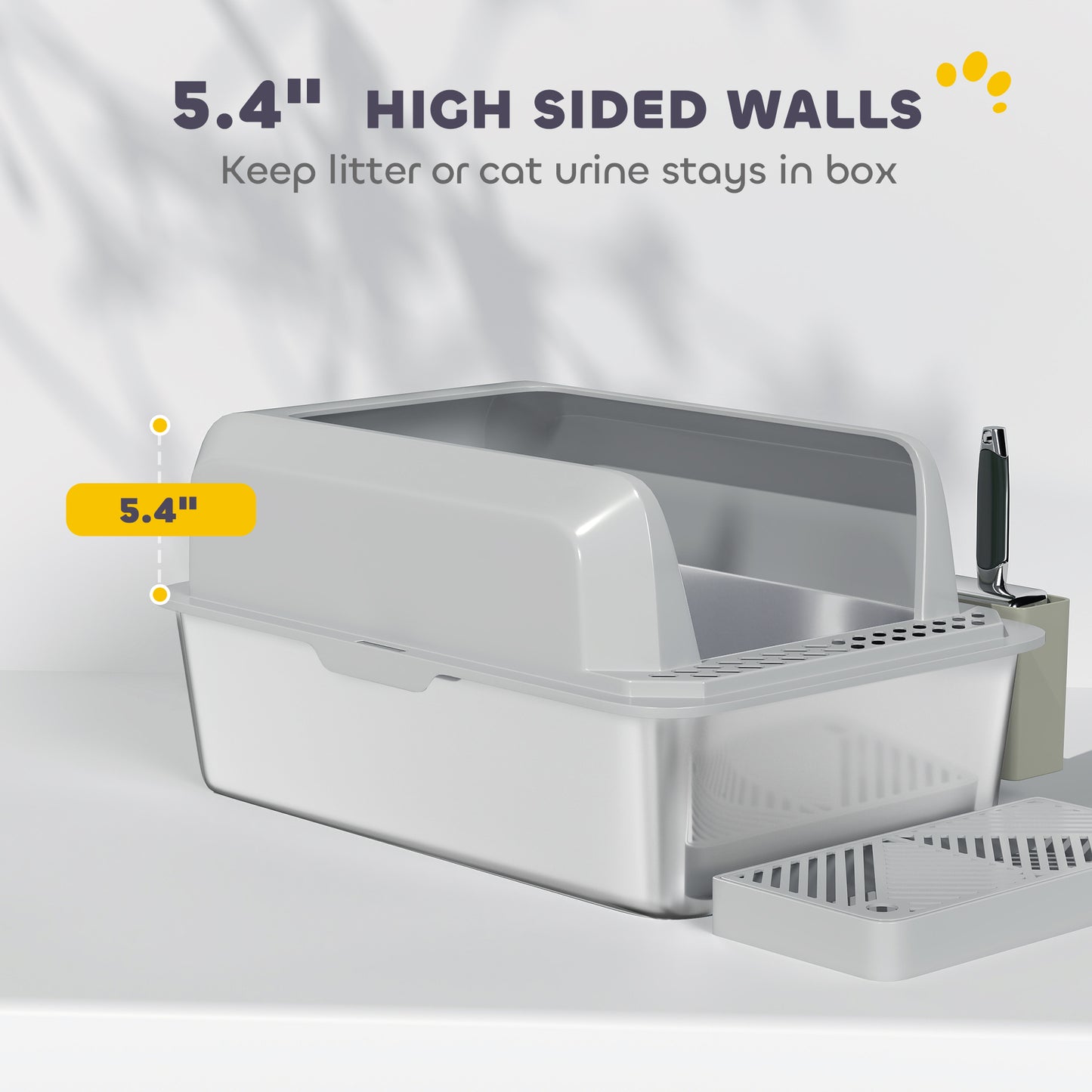 PawHut Stainless Steel Litter Box with Metal Scoop & Scoop Holder, High Sided, Anti-Urine Leakage, Non-Sticky
