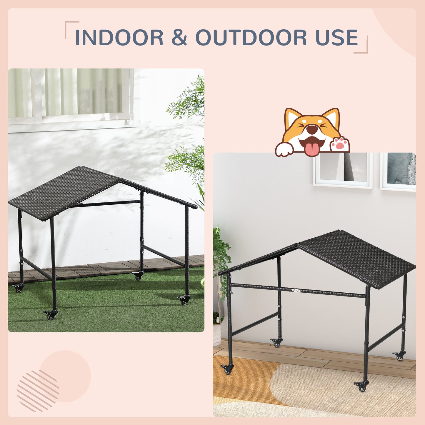 PawHut Outdoor Dog Shelter with Wheels, Portable Wicker Animal Shelter for Small and Medium Sized Dogs, Dark Brown