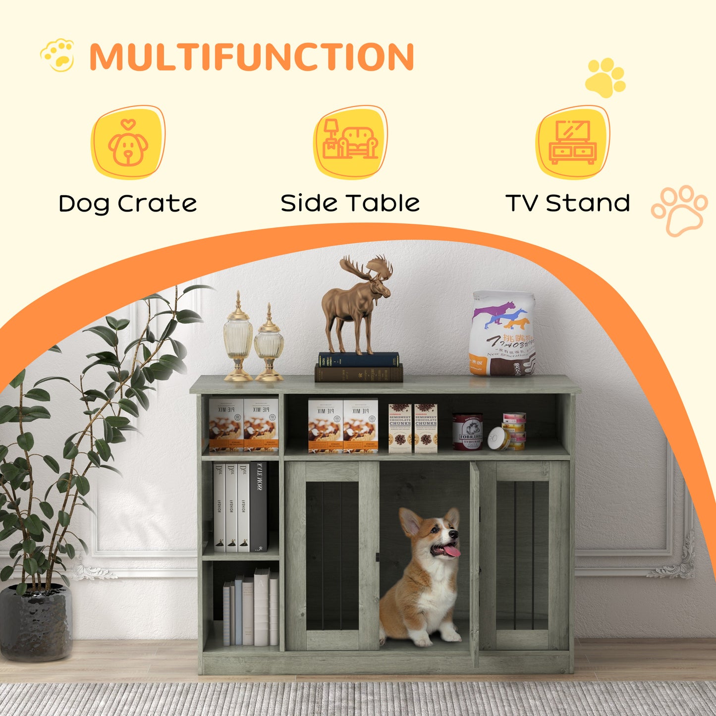 PawHut 47" Dog Crate Furniture with Storage, for Large Medium Dogs, Gray