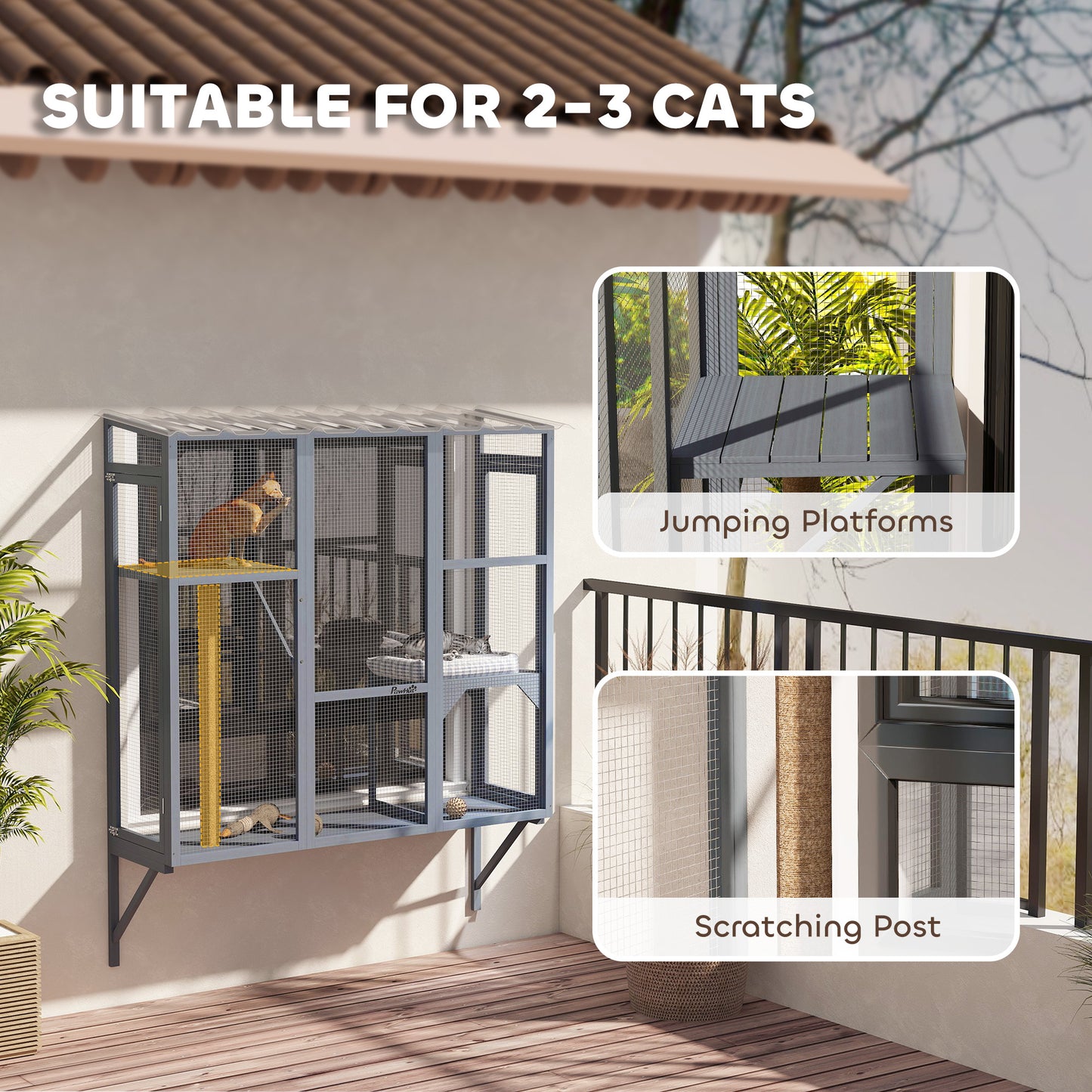 PawHut Catio Outdoor, Window Catio for 2-3 Large Indoor Cats w/ 2 Jumping Platforms, Scratching Post, for Playing, Napping