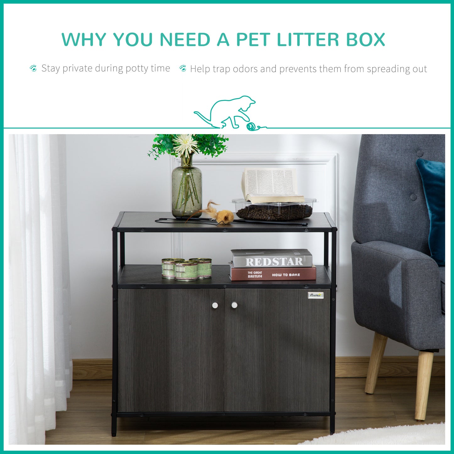 PawHut Wooden Cat Litter Box Enclosure, Hidden Kitten Washroom, Indoor End Table with Magnetic Doors & Storage Shelves, Black