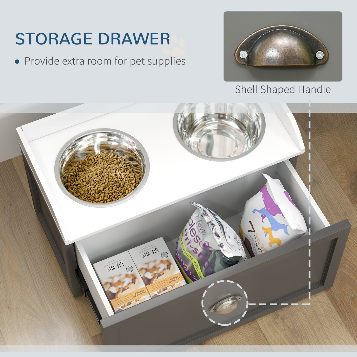 PawHut Pet Feeding Station Pet Dish Bowl Set with Storage, 2 Elevated Dog Bowls for Large Sized Dogs, Gray