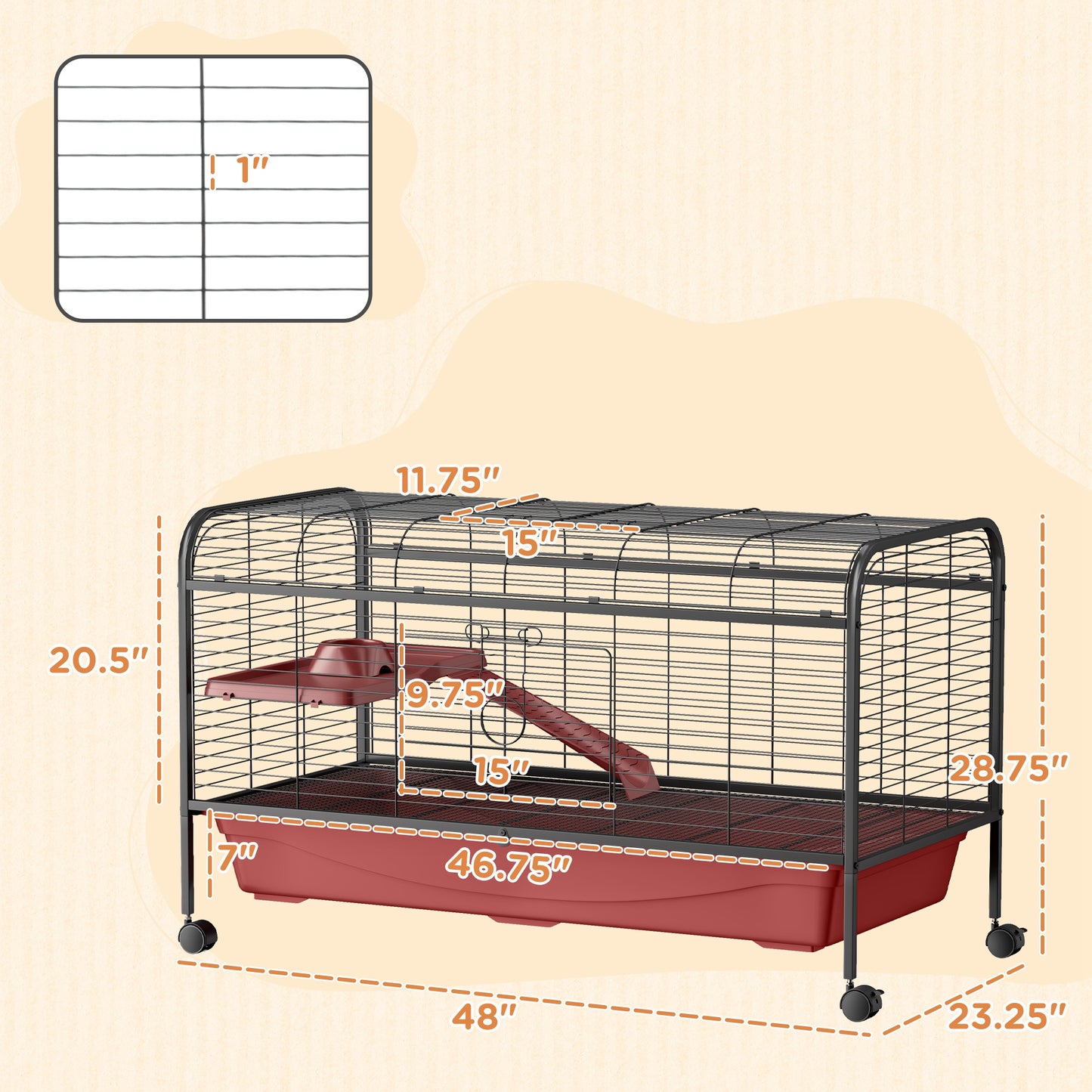 PawHut 48″ Small Animal Cage w/Wheels, Ramp & Feeder