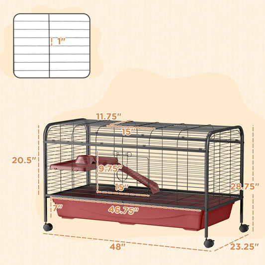 PawHut 48″ Small Animal Cage w/Wheels, Ramp & Feeder