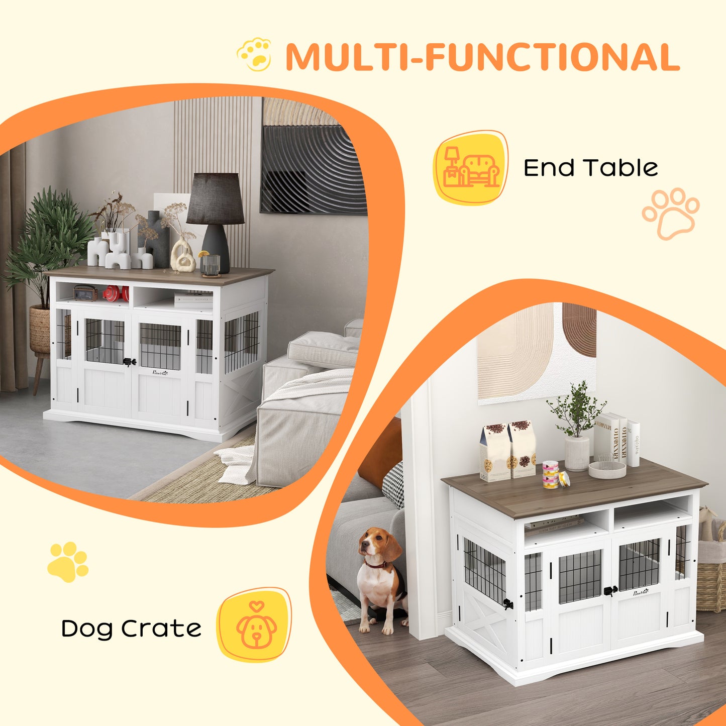 PawHut Dog Kennel Furniture Side End Table with Storage, Double Doors for Small and Medium Dogs, White