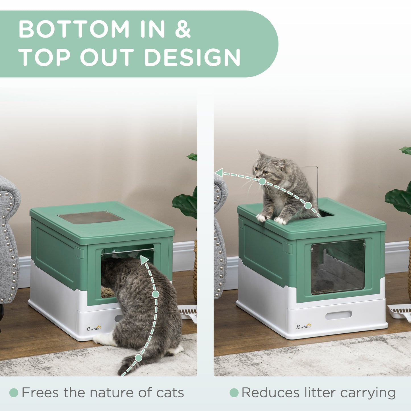 PawHut Fully Enclosed Cat Litter Box with Front Entry and Top Exit, Plastic, Green & White
