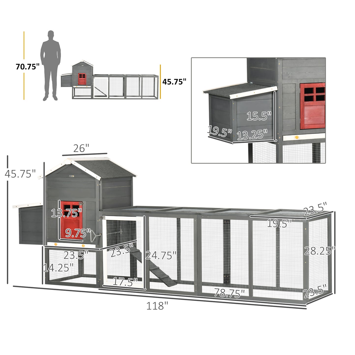 PawHut 118" Extra Large Chicken Coop with Asphalt Roof, Wooden Hen Run with Slide-Out Tray and Nesting Box, Chicken Hutch for 3-6 Chickens, Gray