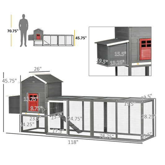 PawHut 118" Extra Large Chicken Coop with Asphalt Roof, Wooden Hen Run with Slide-Out Tray and Nesting Box, Chicken Hutch for 3-6 Chickens, Gray