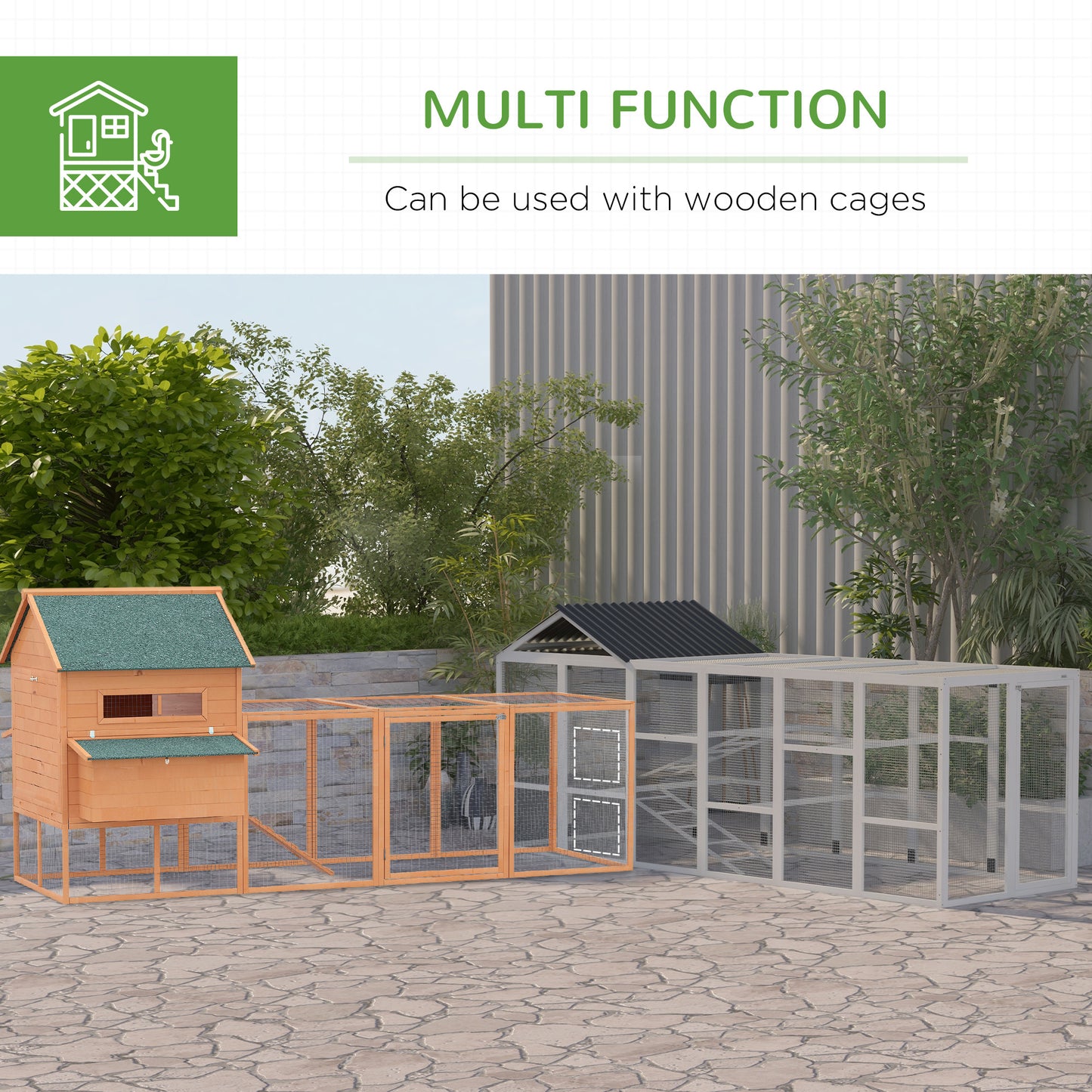 PawHut Wooden Chicken Coop Run for 6 - 10 Chickens, Hen House Add-On with Storage, Perches, 141.75" x 48" x 61", Gray