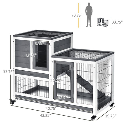 PawHut Wooden Rabbit Hutch Elevated Bunny Cage Indoor Small Animal Habitat with Enclosed Run with Wheels, Ramp, Removable Tray for Rabbits, Chickens, Ducks, Guinea Pigs, Gray