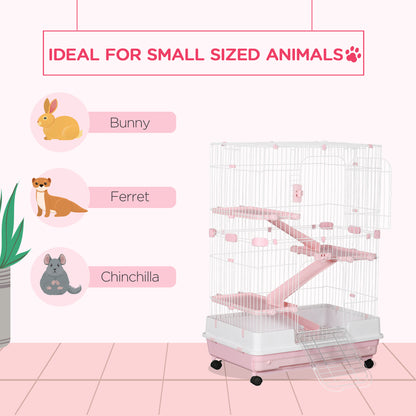 PawHut 32"L 4-Level Small Animal Cage Rabbit Hutch with Wheels, Slide-out Tray for Bunny, Chinchillas, Ferret, Pink