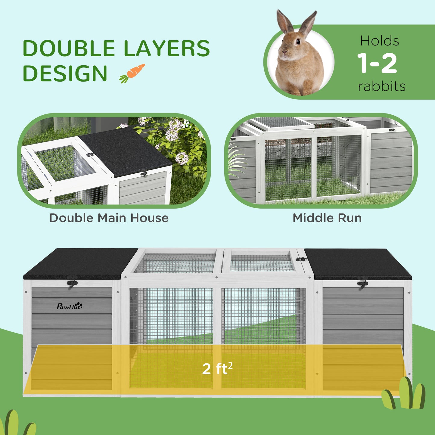 PawHut 55″ Outdoor Rabbit Hutch – Dual Living Areas & Asphalt Roofs