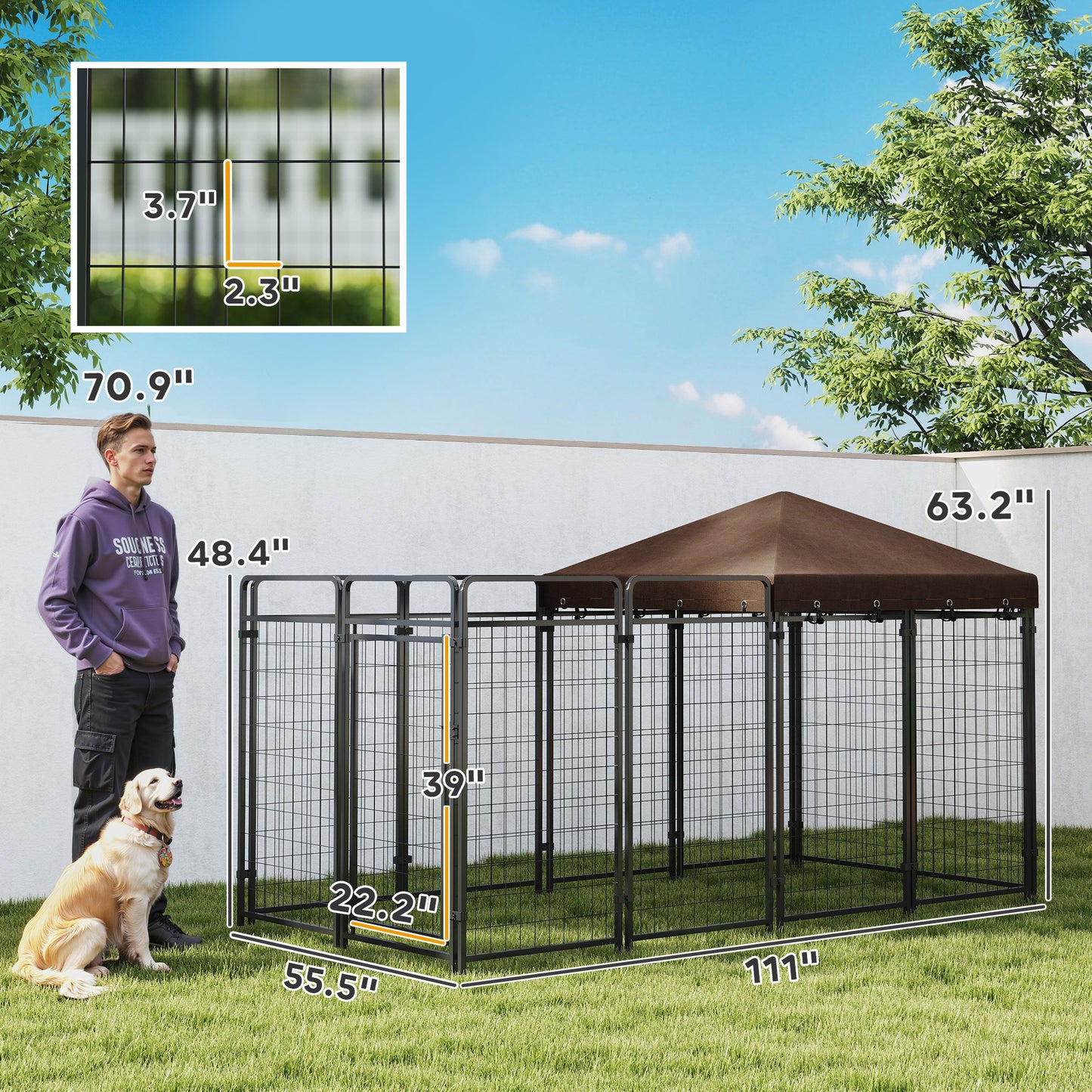 PawHut Dog Kennel Outdoor with Waterproof Canopy, Dog Run with Galvanized Chain Link, Secure Lock, for Backyard and Patio, Large and Medium Sized Breeds, Chickens, Ducks, 9.3' x 4.6' x 5.2'