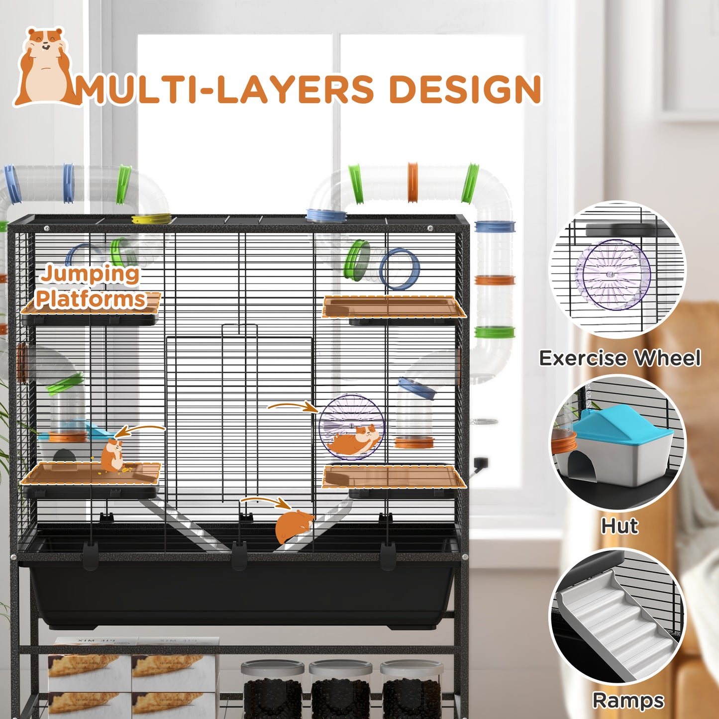 PawHut Small Animal Cage for Syrian Hamster, Gerbil Cage with Tubing System, Running Wheel, Ramps, Platforms