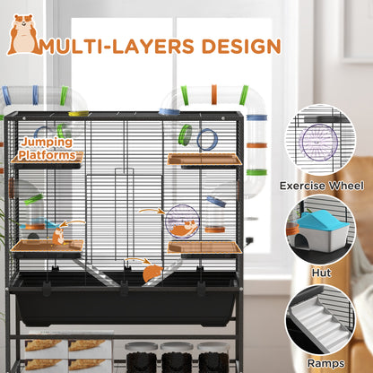 PawHut Small Animal Cage for Syrian Hamster, Gerbil Cage with Tubing System, Running Wheel, Ramps, Platforms