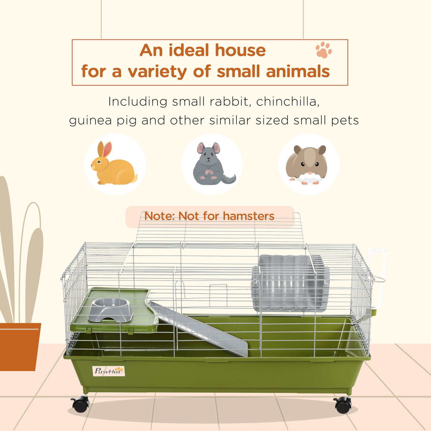 PawHut 35"L Small Animal Cage, Rolling Bunny Cage, Guinea Pig Cage with Food Dish, Water Bottle, Hay Feeder, Platform, Ramp for Chinchilla, Green