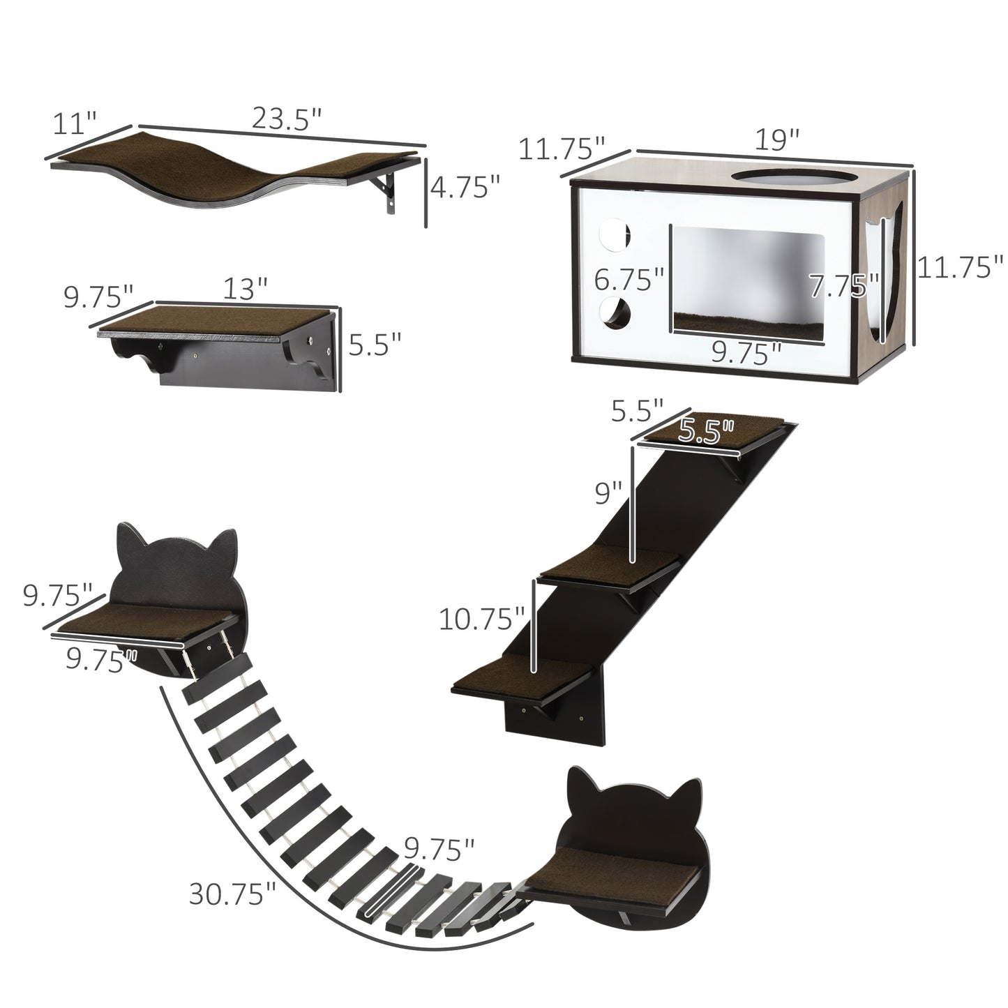 PawHut 5PCs Cat Wall Shelves Pet Wall-mounted Climbing Shelf Set with Cushion Condo Jumping Platform Ladder Brown