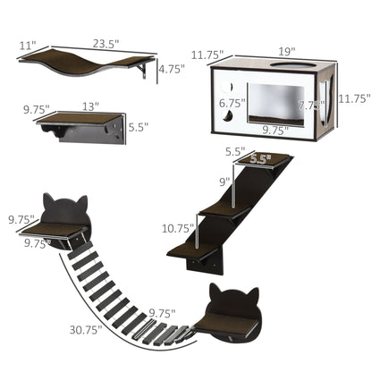 PawHut 5PCs Cat Wall Shelves Pet Wall-mounted Climbing Shelf Set with Cushion Condo Jumping Platform Ladder Brown