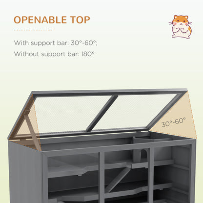 PawHut Extra Large Wooden Hamster Cage with Opening Roof, Hut, Ramps, Gray