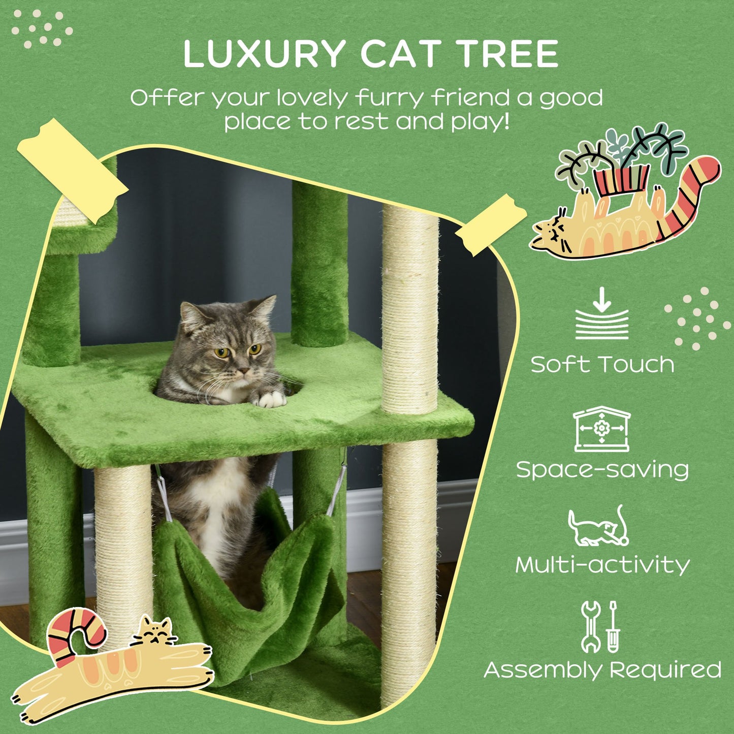 PawHut Cat Tree for Indoor Cats with Hammock, Cat Tower, Green