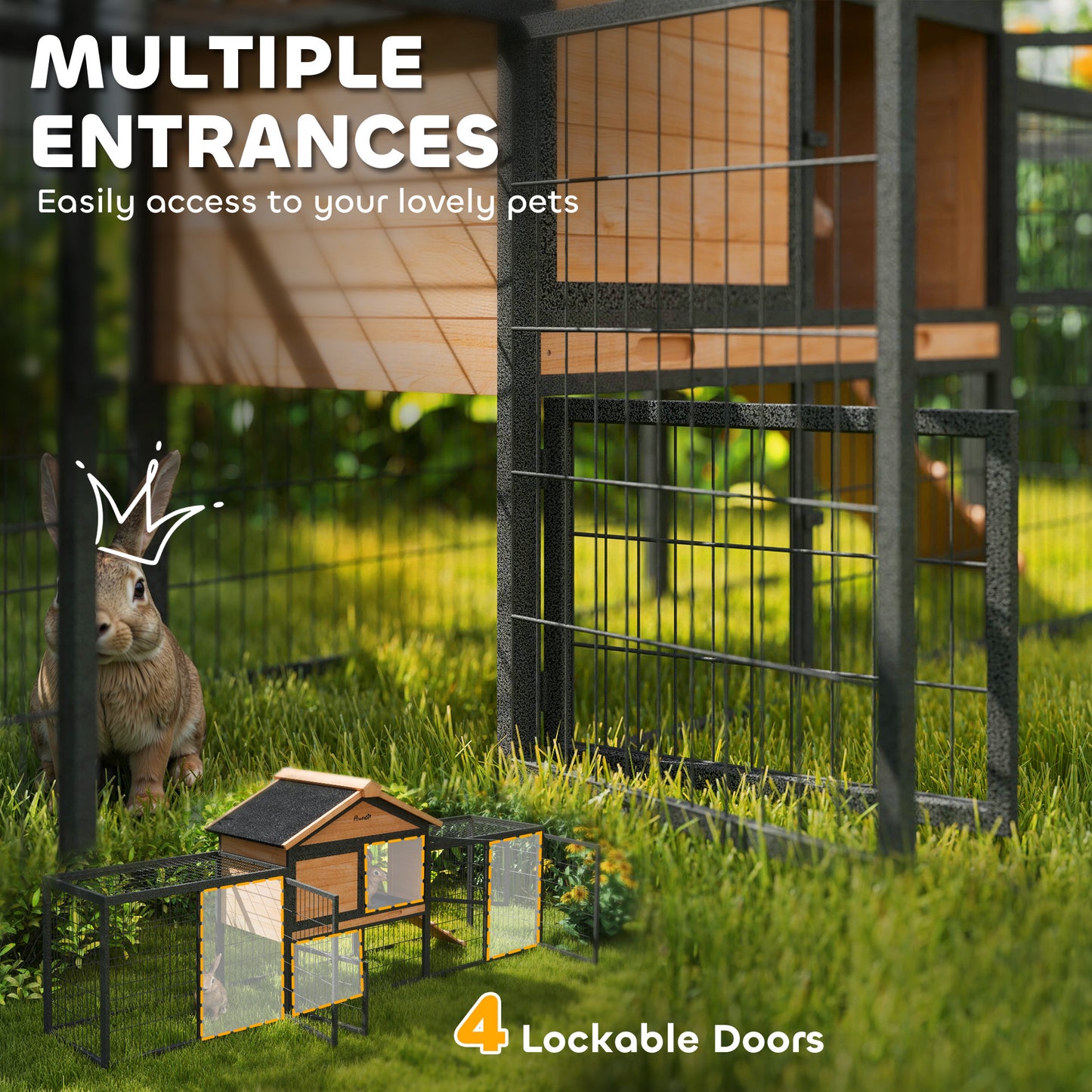 PawHut Wooden Rabbit Hutch Outdoor, 85" w/Steel Run, Asphalt Roof & Ramp