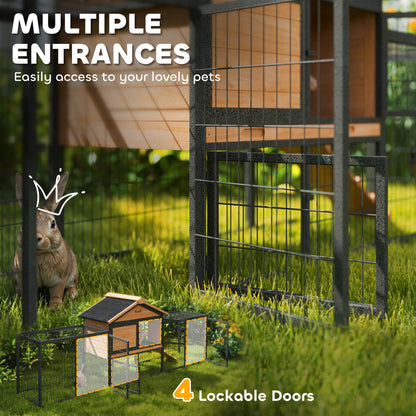 PawHut Wooden Rabbit Hutch Outdoor, 85" w/Steel Run, Asphalt Roof & Ramp