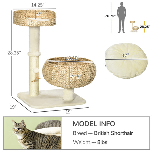 PawHut 28" Elevated Cat Bed with Sisal Scratching Post for Indoor Kitties, Modern Cat Tree with Cute Basket Design, Small Cat Tree with Fun Ball Toy