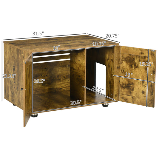 PawHut Hidden Cat Litter Box Enclosure, Cat Washroom Storage Bench Side End Table with Double Doors, Adjustable Feet, Rustic Brown