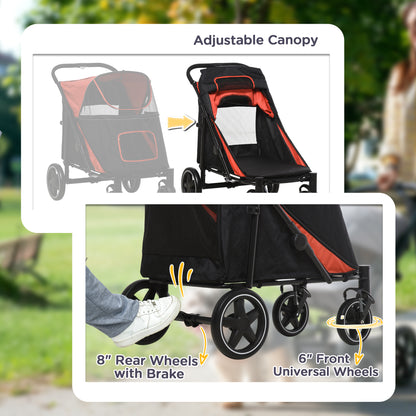 PawHut Dog Stroller for Large Medium Small Dogs up to 66 Lbs. 23.5" in Body Length, One-Click Foldable Pet Cat Stroller with Storage, Shock Absorption Wheels, Mesh Window, Safety Leash, Red