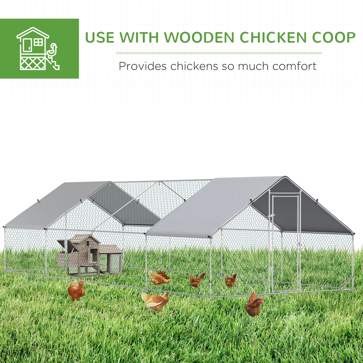 PawHut Metal Chicken Run 9.8' x 26.2' x 6.6' with Waterproof and Anti-UV Cover for Outdoor and Yard Farm Use