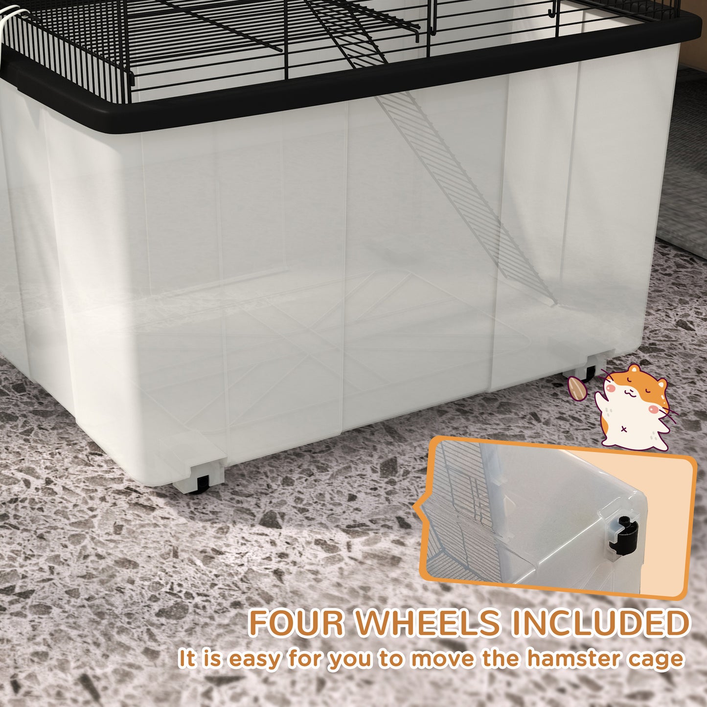 PawHut 22" 2-Tier Hamster Cage with Extra-Deep 14" Base, Small Animal Cage with Ramp, Water Bottle, Food Dish, Wheels, Black