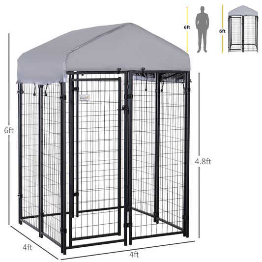PawHut Outdoor Dog Kennel with Roof, 4' x 4' x 6' Heavy Duty Welded Wire Dog Playpen Enclosure with Escape-proof Lock, UV-Resistant & Waterproof Cover, for Medium Dogs, Chickens, Ducks, Silver
