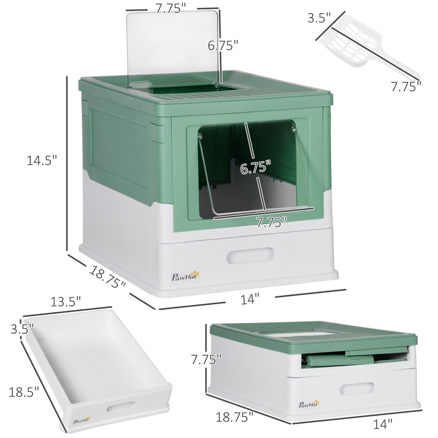 PawHut Fully Enclosed Cat Litter Box with Front Entry and Top Exit, Plastic, Green & White