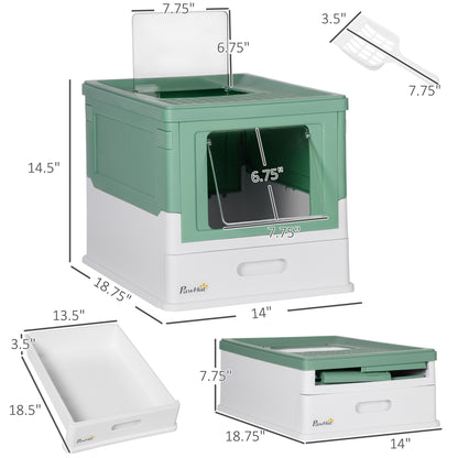 PawHut Fully Enclosed Cat Litter Box with Front Entry and Top Exit, Plastic, Green & White